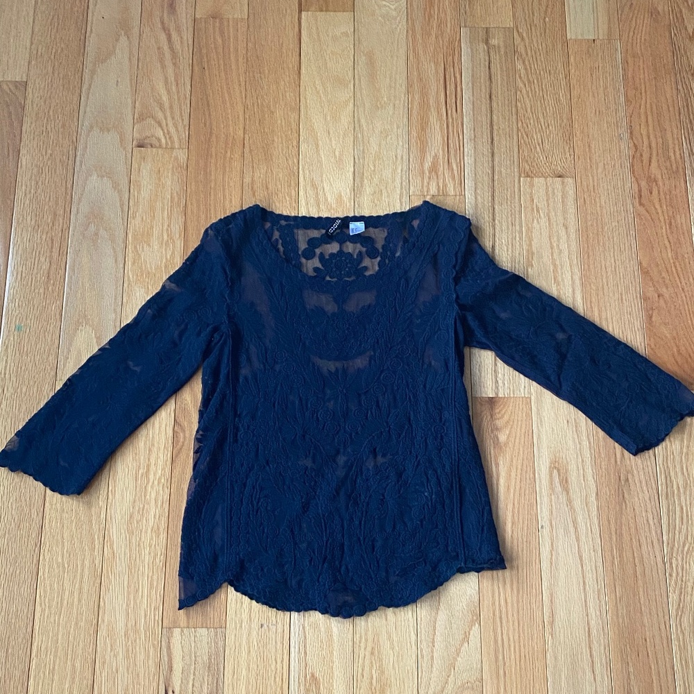 Navy Blue Sheer Lace 3/4 Sleeve Blouse H&M Size 4